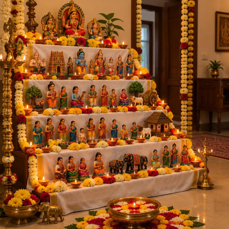 Golu doll display decorated with flowers and diyas