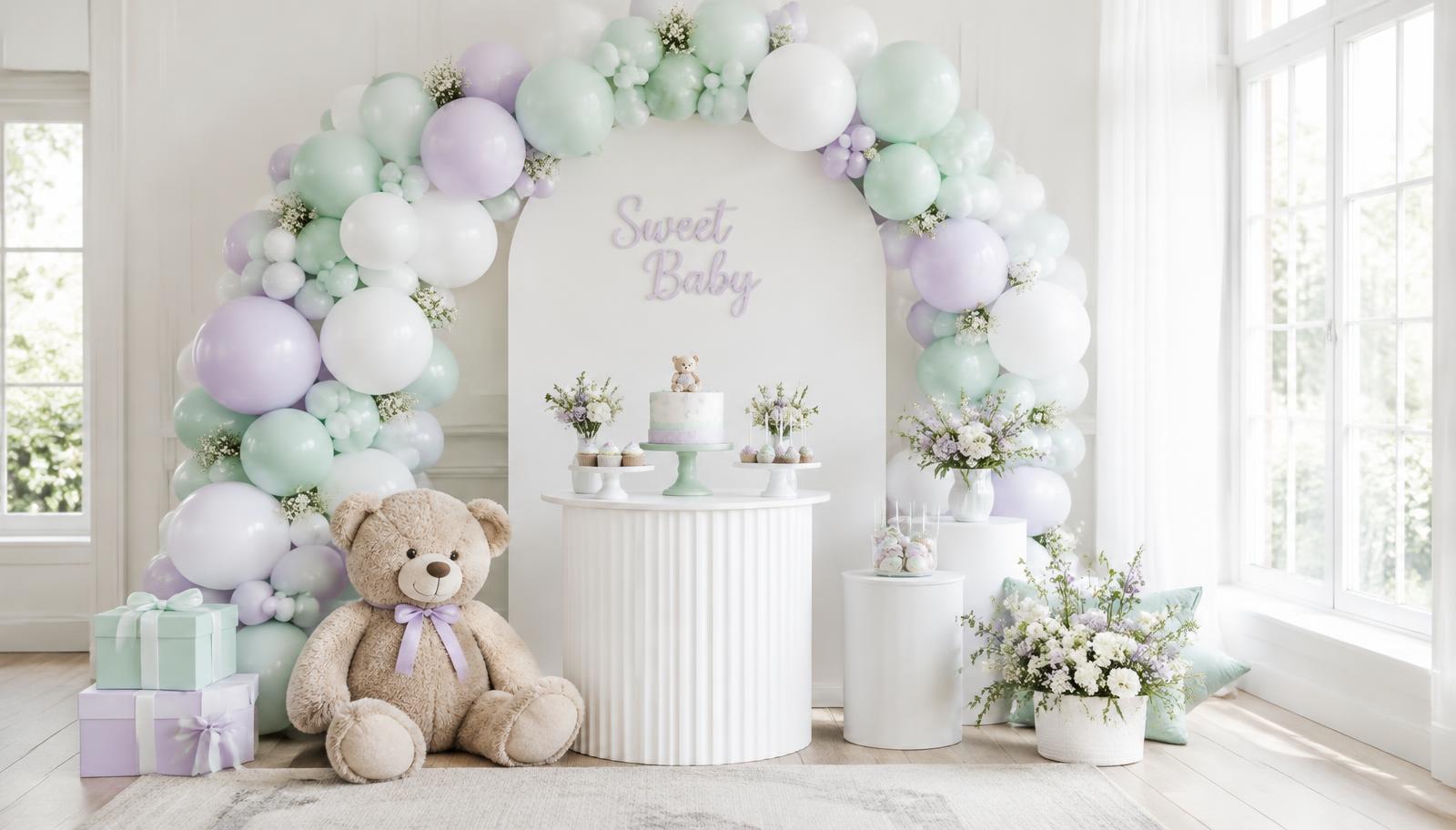 Mint and lavender balloon arch with teddy bear and cake table