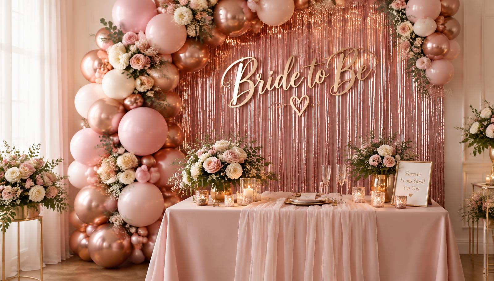 Rose gold balloon arch and pink foil curtain with Bride to Be sign