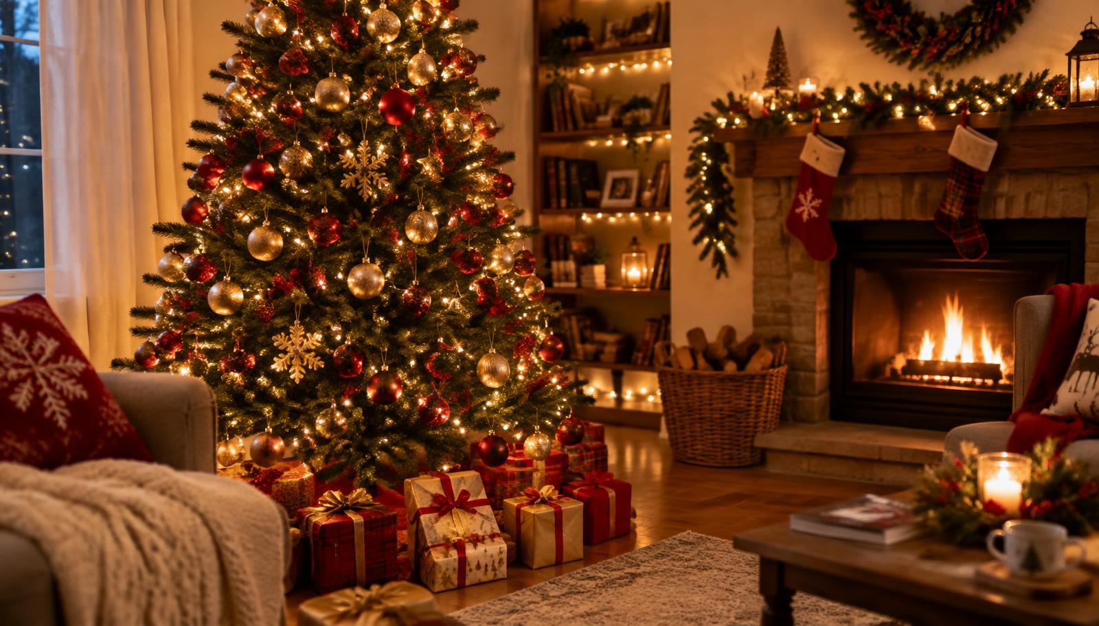 Decorated Christmas tree with gifts beside a fireplace