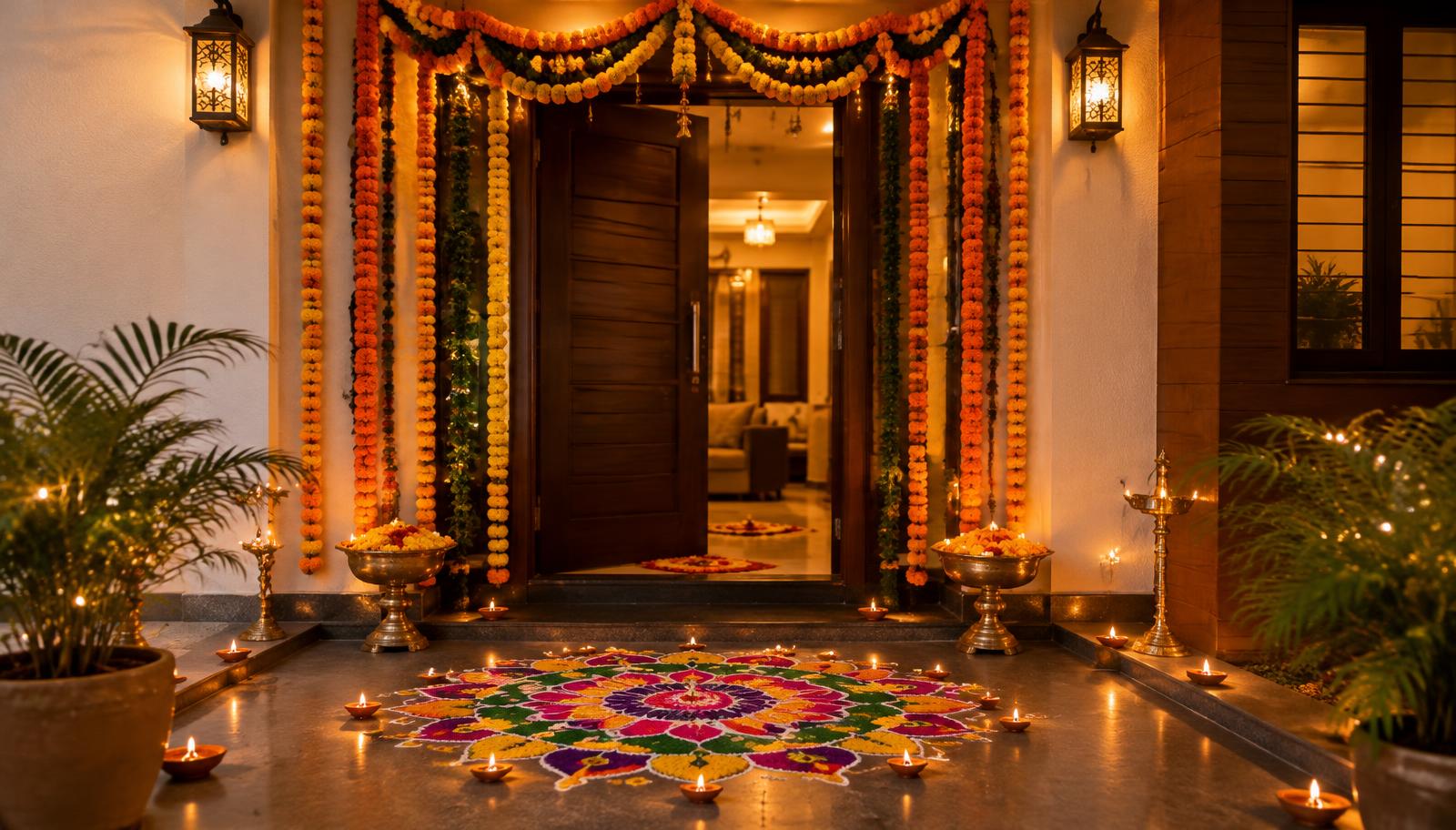 Home entrance with marigold garlands, diyas and rangoli