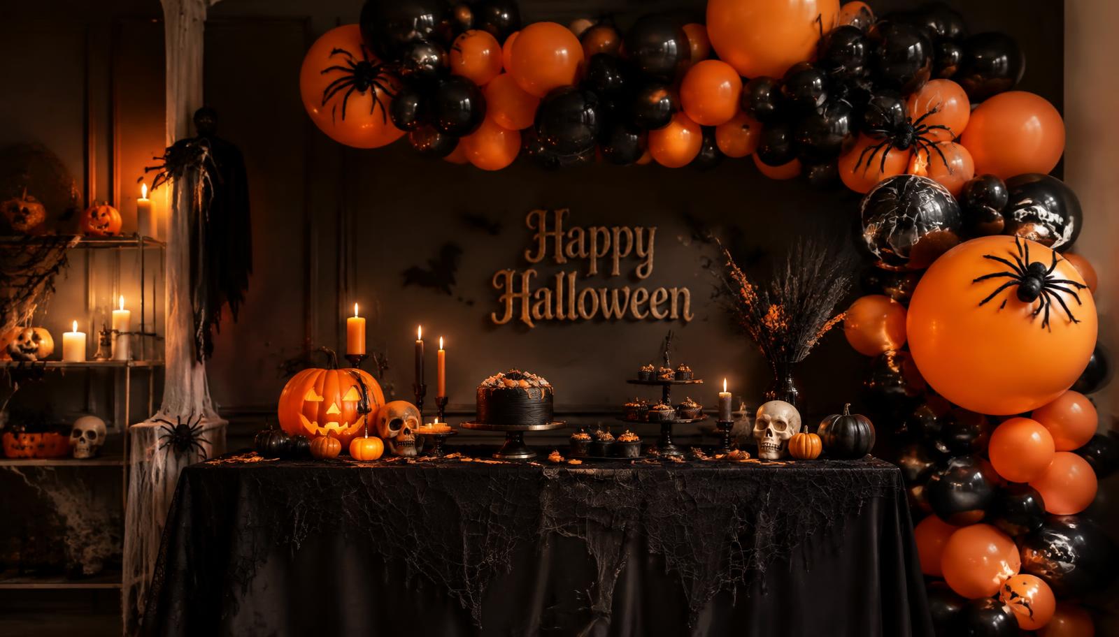 Halloween party table with pumpkins, candles and orange and black balloons