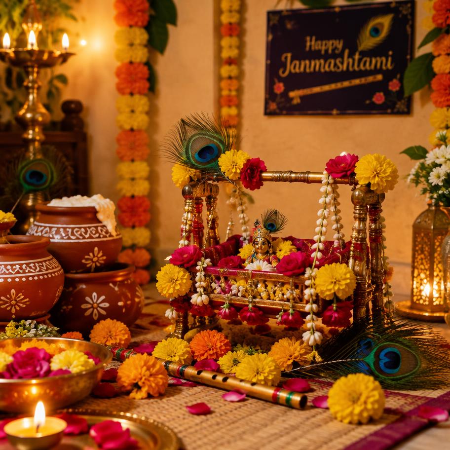 Decorated cradle with peacock feathers and marigolds